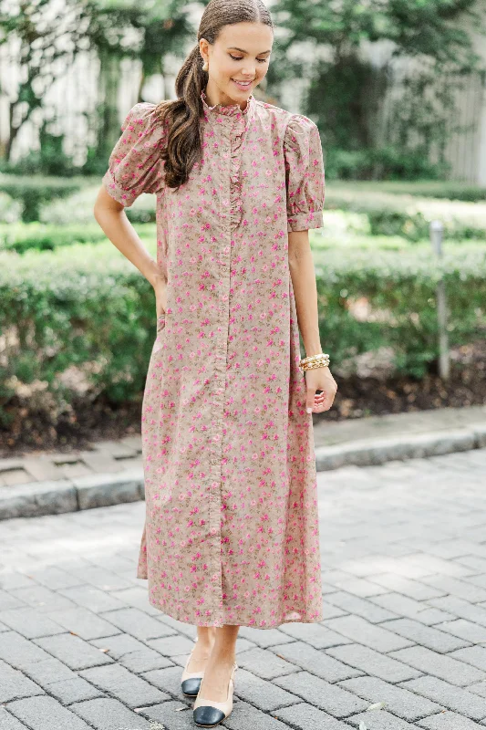 Living In A Fairy Tale Camel Brown Ditsy Floral Midi Dress