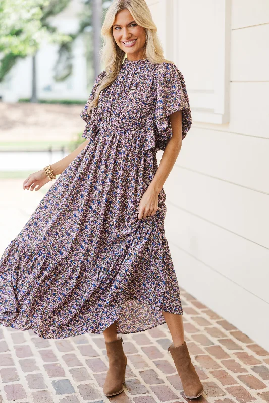 All The Good Plum Ditsy Floral Ruffled Midi Dress