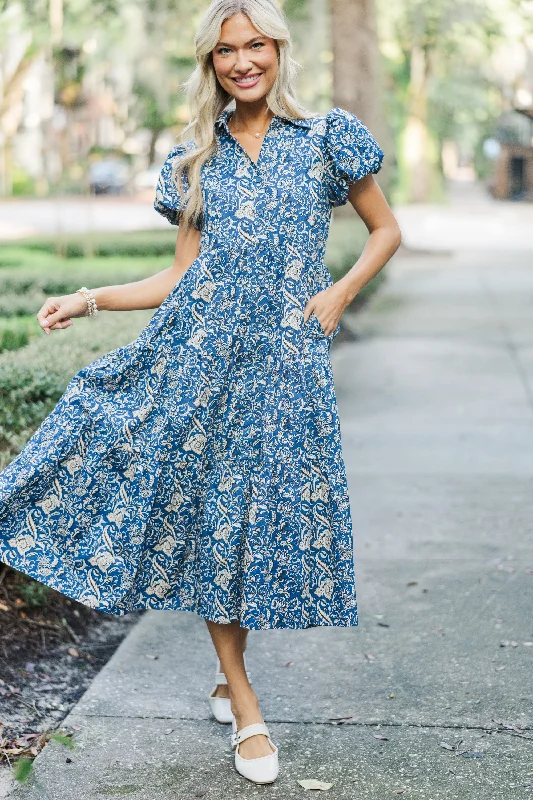 Perfect For You Navy Paisley Button Down Midi Dress