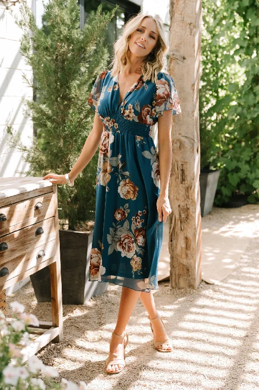 Sarah Smocked Midi Dress | Blue Floral