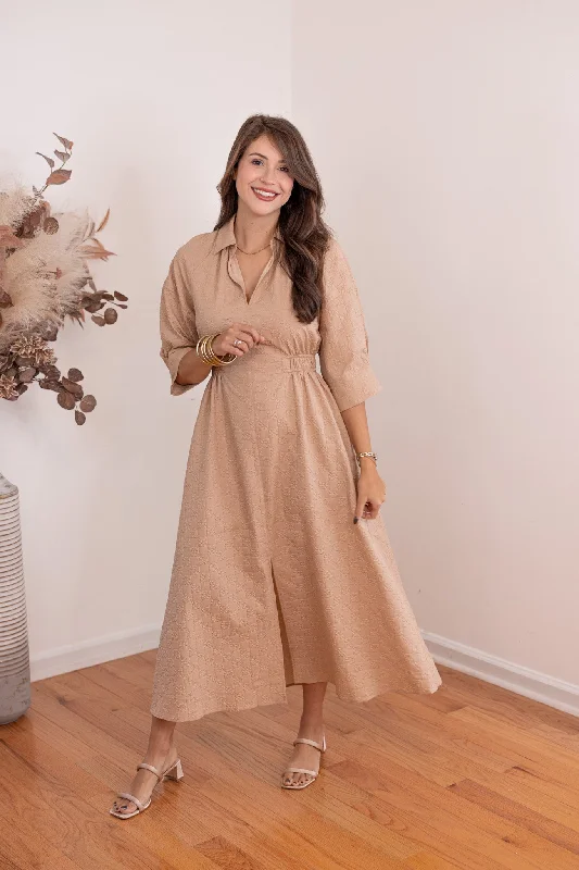 Textured Florals Tan Midi Dress