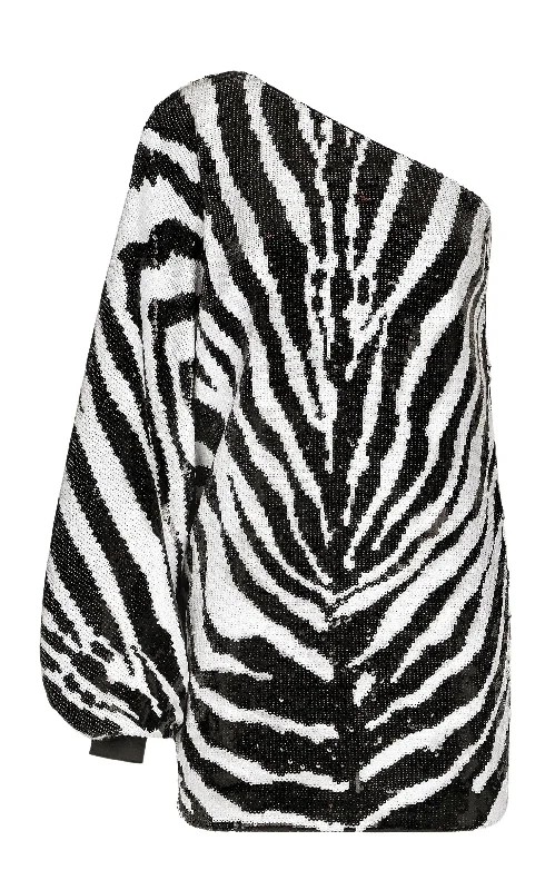 Zebra Print Sequined One-shoulder Dress