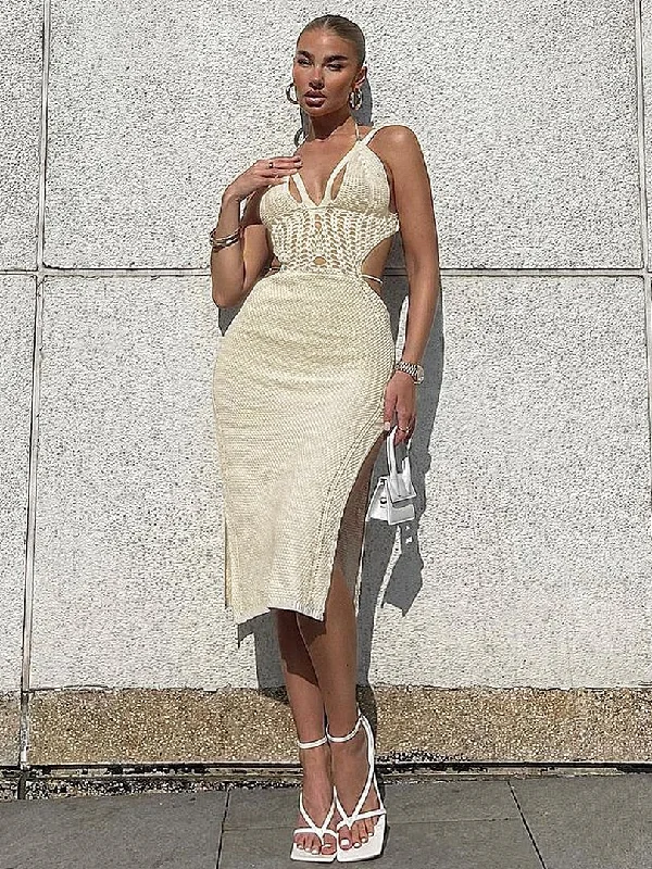 Crochet Hollow Sleeveless Side Slit Midi Dresses