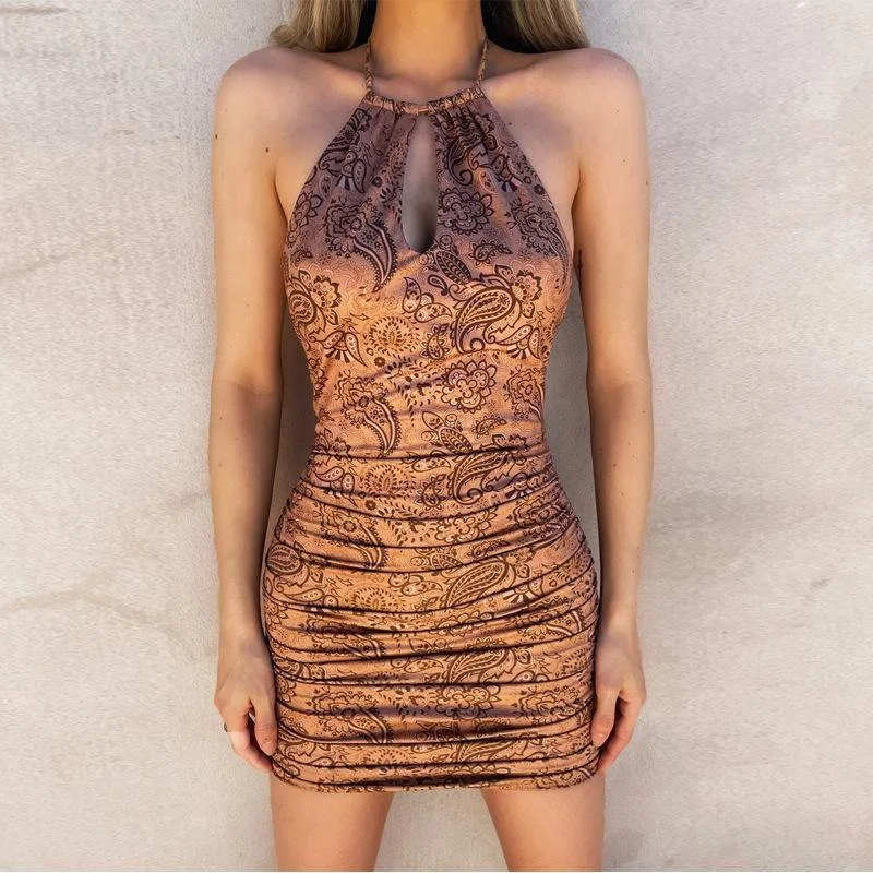 New Fashion Sexy Sleeveless Halter Print Mini Dresses