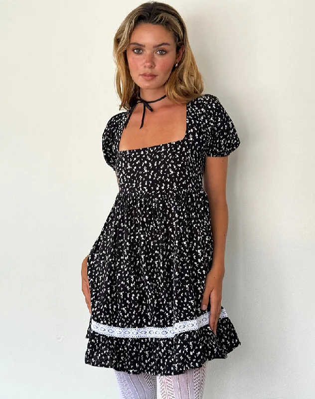 Beling Mini Tea Dress in Black Ditsy Romance