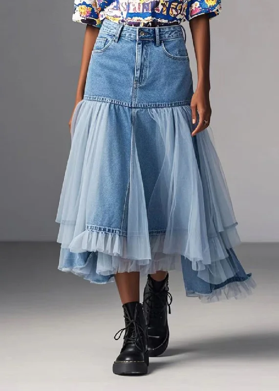 Modern Denim Blue Asymmetrical Patchwork Tulle Skirts Spring