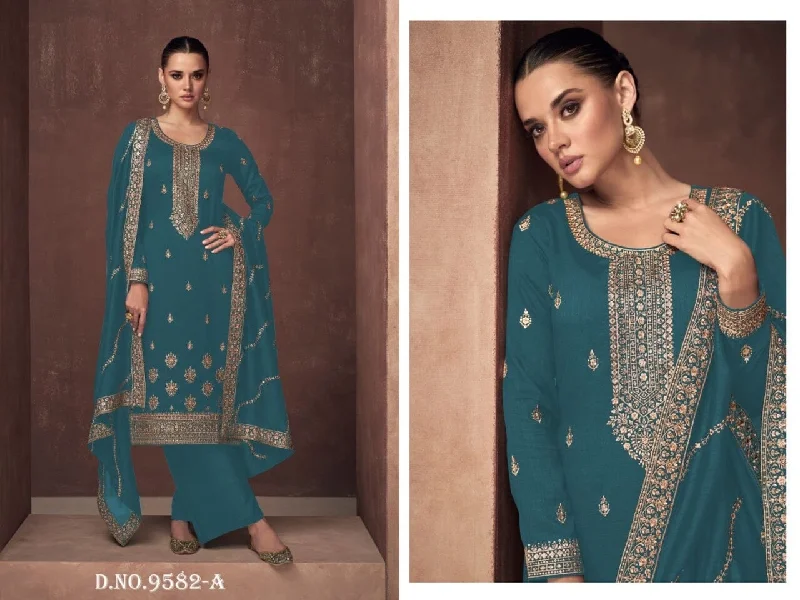 9582A Designer Premium Silk Embroidered Sequence Work Plazzo Suit