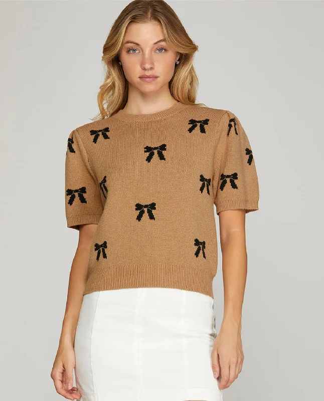 Short Sleeve Ribbon Bow Sweater