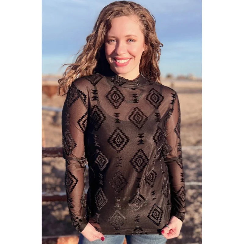 Black Aztec Velvet Mesh Long Sleeve Top