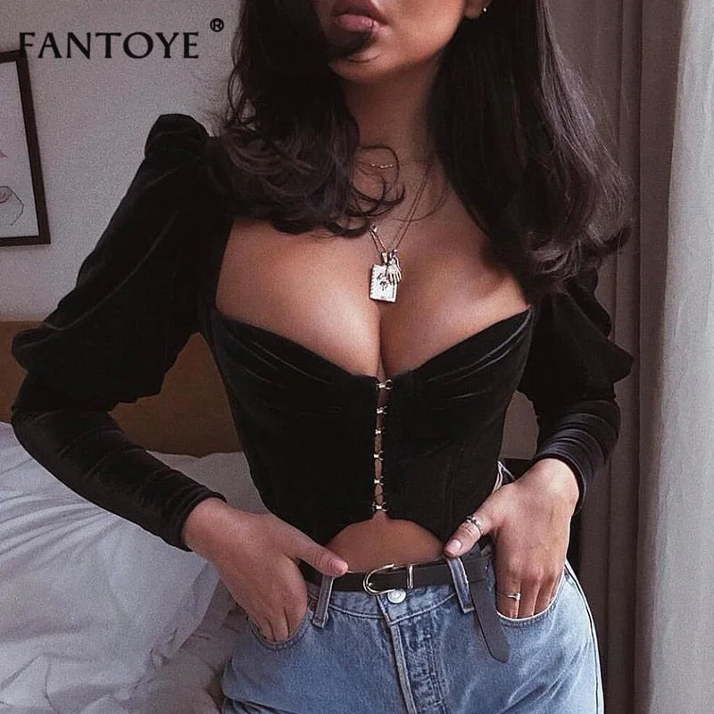 Fantoye Sexy Deep V-neck Black Flannel Crop top Women Elegant Bubble Sleeve Skinny Bodycon Bandage Tees Tank Top Corset Clubwear