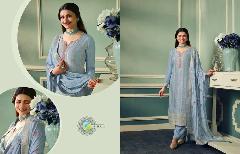 Blue Pure Viscose Jacquard Embroidered Stone work Designer Suit