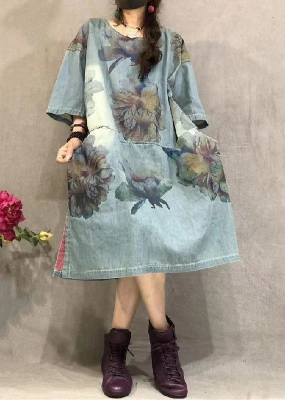 Loose Blue O Neck Print Side Open Denim Dress Summer