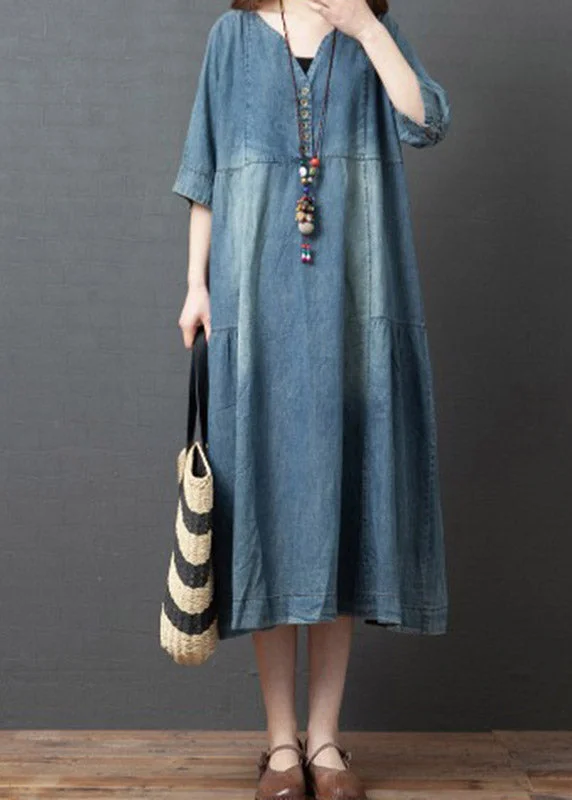 Vintage Denim Blue V Neck Patchwork Dresses Half Sleeve