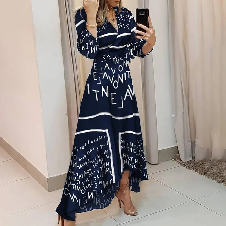 Women Letter Print Irregular Long Dresses