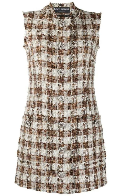 Embellished Checked Tweed Shift Dress