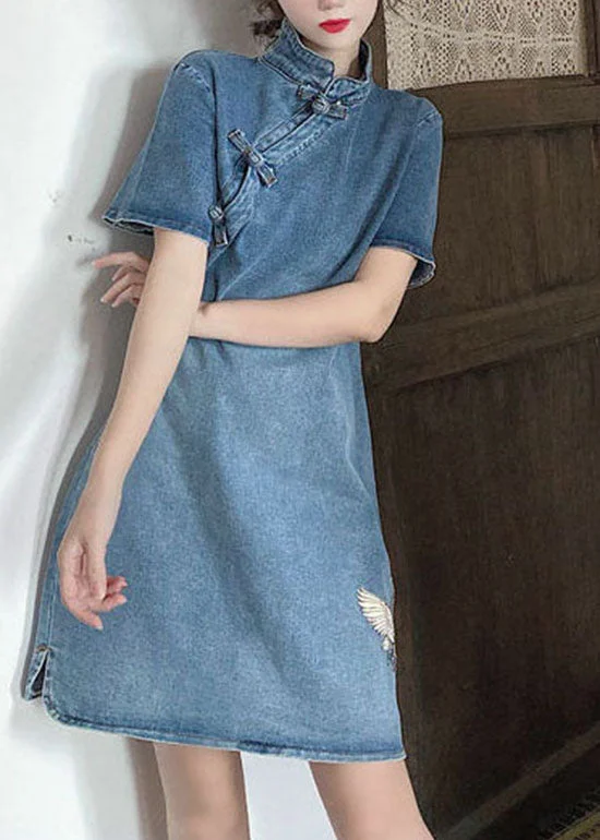 vintage Blue Stand Collar button Embroideried Denim Dresses Short Sleeve