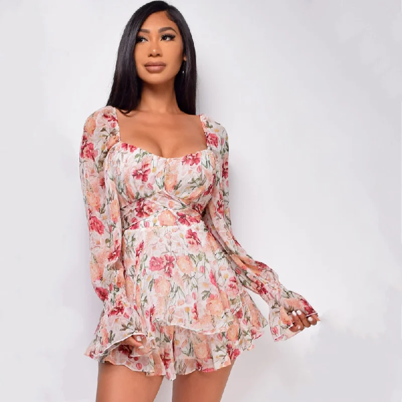 DressBetty - Floral Square Neck Ruffle Romper