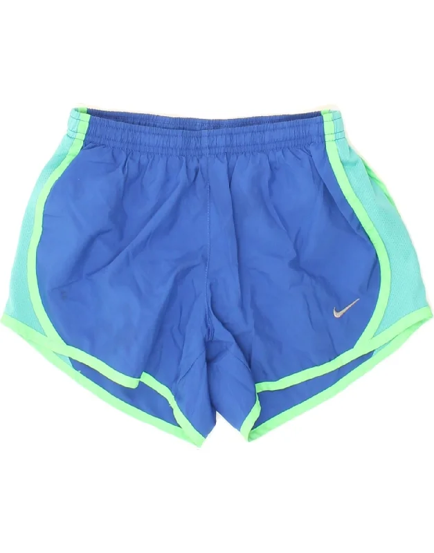 NIKE Womens Dri Fit Sport Shorts UK 12 Medium Blue Colourblock Polyester