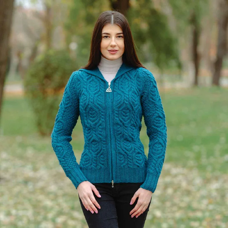 Women's Aran Knit Double Collar Zipped Cardigan, Teal