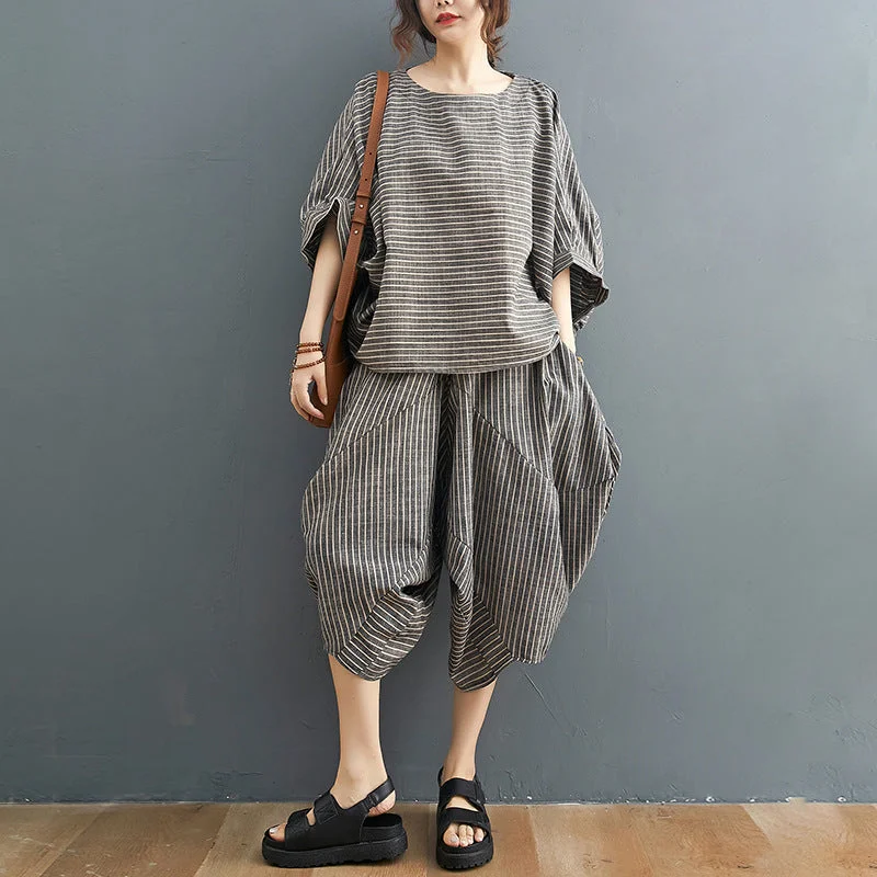 Linen Striped Plus Sizes 2pcs Women Summer Outfits