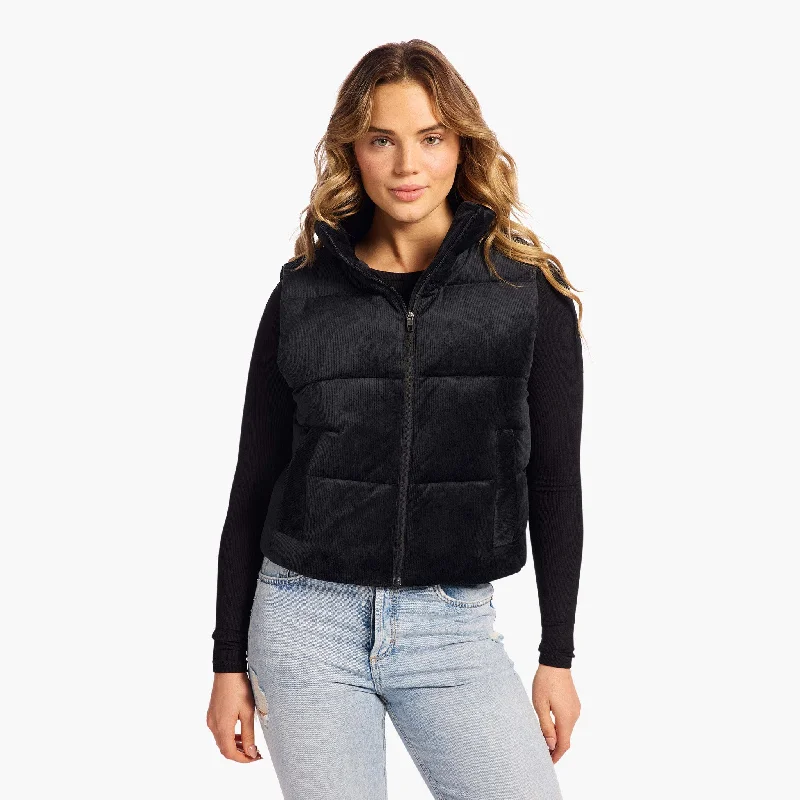 Ribbed Velour Puffer Vest | Black