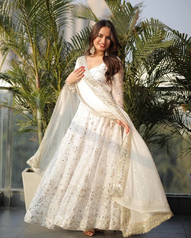 Fox Georgette Heavy Sequence White Anarkali Gown Designer Readymade Suit