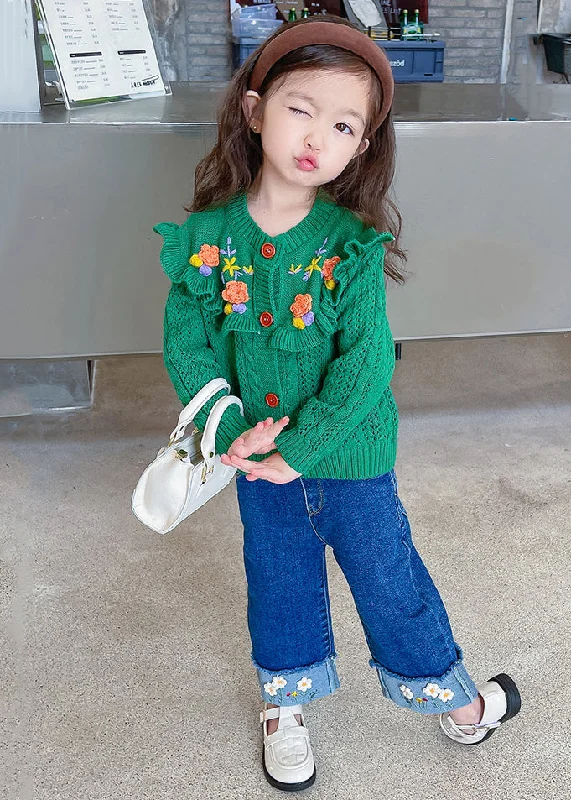 Cute Green Ruffled Knit Coat And Denim Pants Girls Sets 2 Pieces Fall