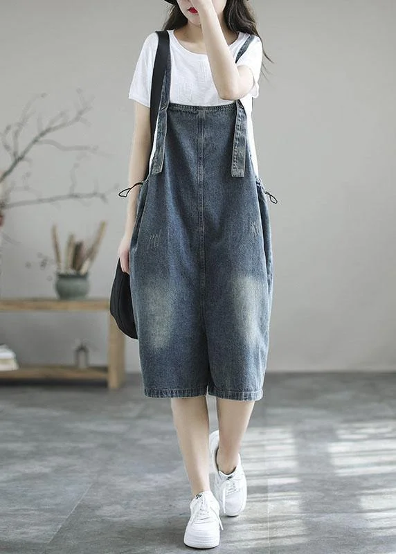 Dark Blue Retro Loose Wide Leg Summer Crop Denim Romper