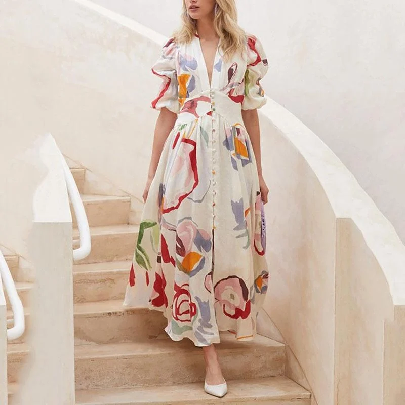 Long Sleeves Chiffon Floral Long Dresses