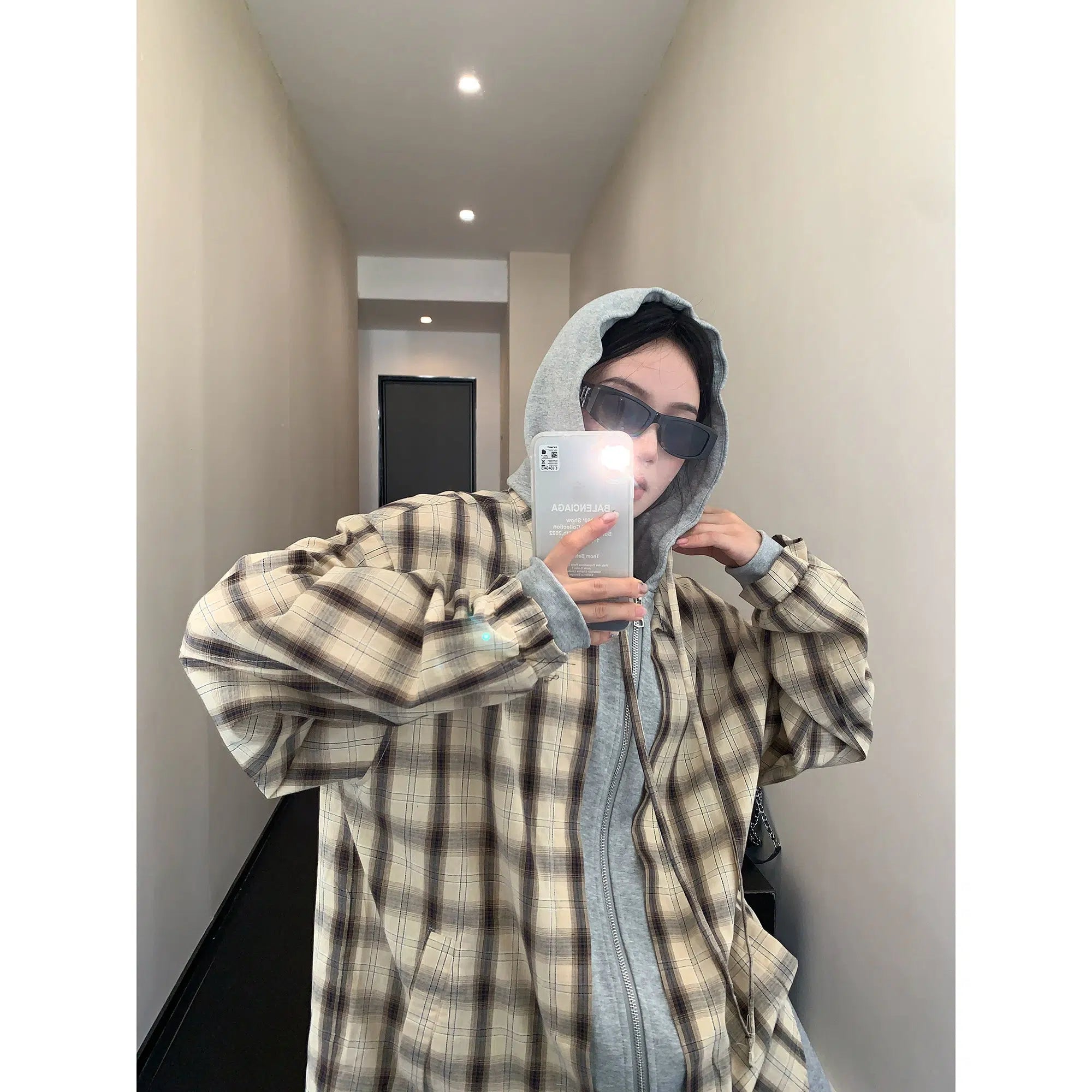 Plaid Oversized Long-Sleeve Hooded Shirt