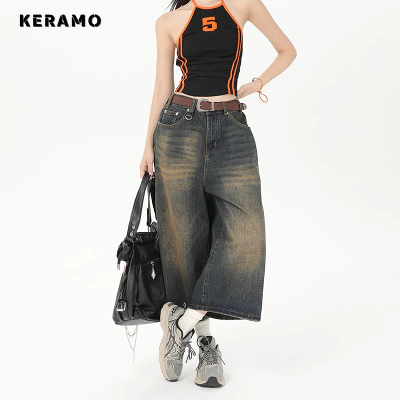 Vintage Streetwear Women Jeans 2024 Summer Loose Male Wide Leg Knee Length Shorts Men's Oversize Fashion Denim Trouser Pants Y2K