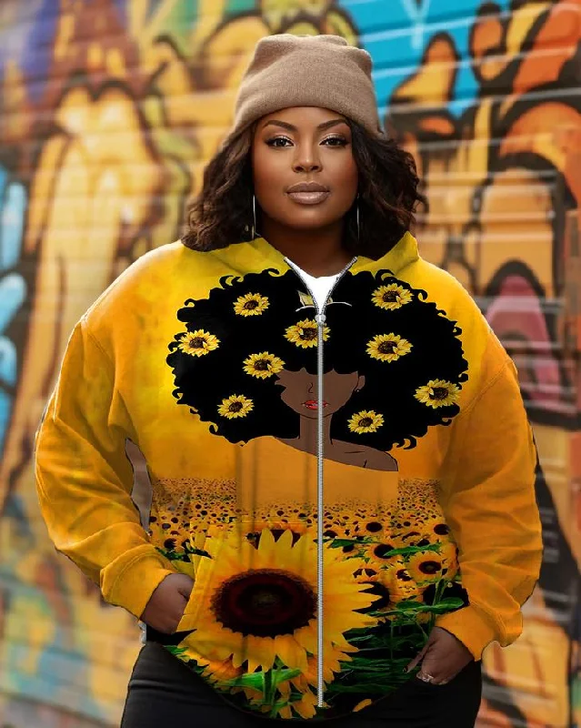 Sunflower Afro Girl Zip Hood Long Sleeves Hoodie