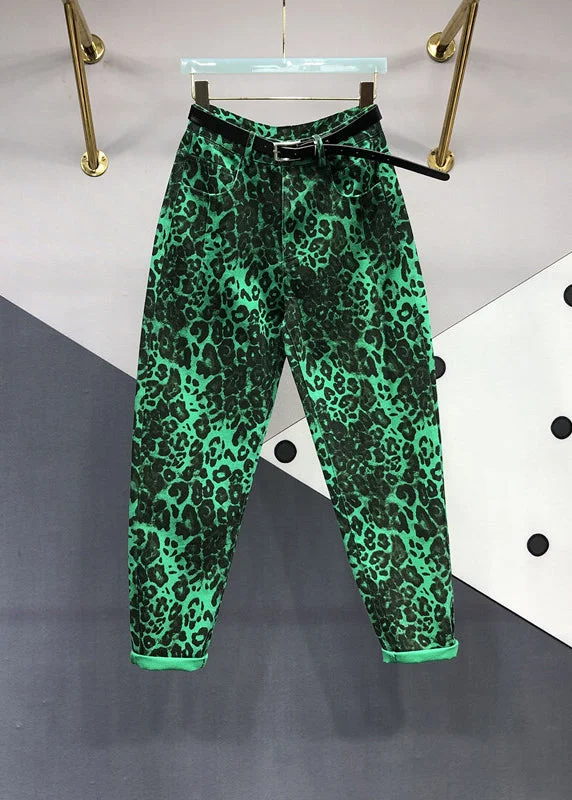 Fashion Green Leopard Pockets Patchwork Denim Pants Fall