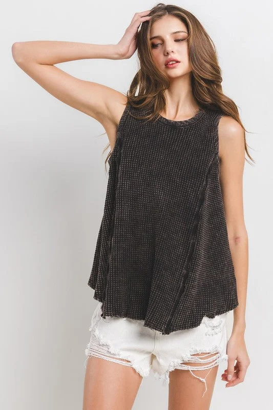 BLACK MINERAL WASHED WAFFLE KNIT SLEEVELESS TANK TOP TEU13765SA