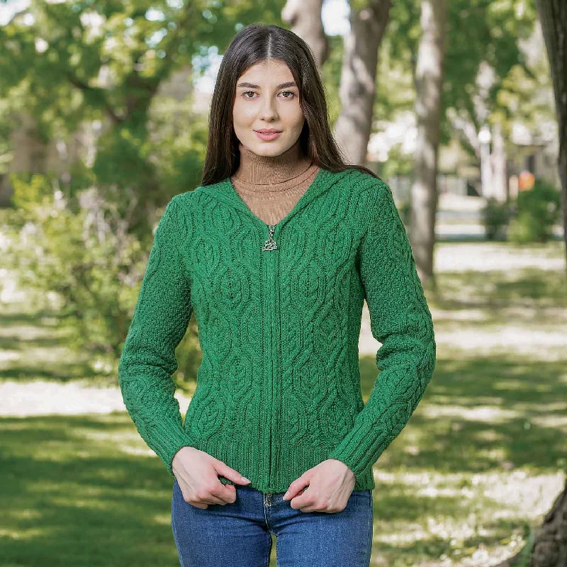 Women's Aran Knit Double Collar Zipped Cardigan, Green