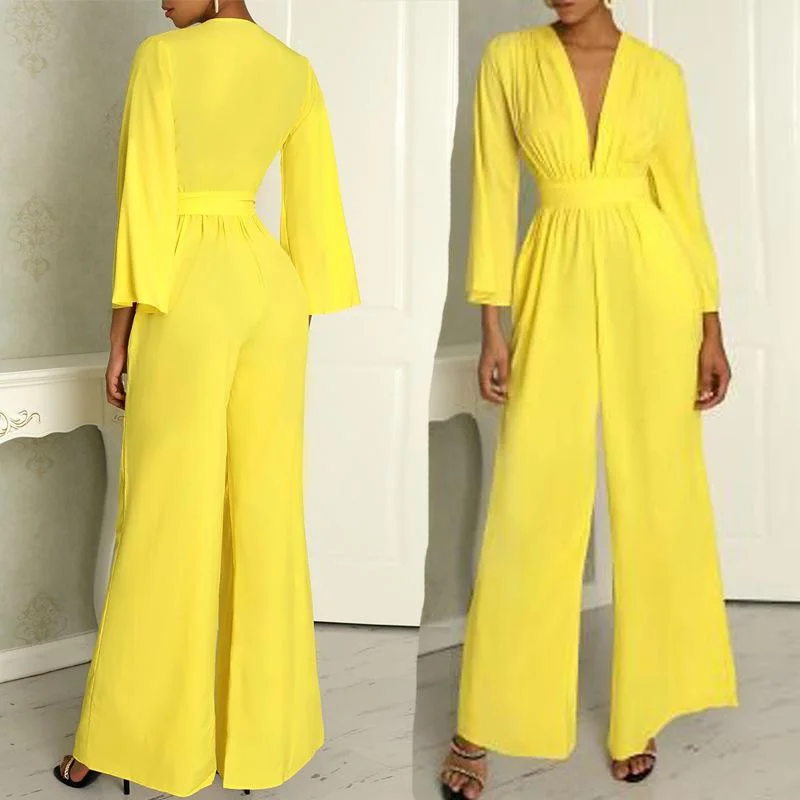 Yellow Long Sleeves V Neck Jumpsuits