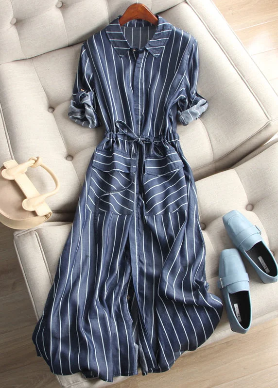 Loose Striped Button Lace Up Denim Blouses Dress Half Sleeve