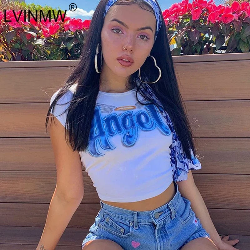 LVINMW seksi melek mektubu baskı O boyun kısa kollu T Shirt 2019 yaz kadın rahat ince moda T Shirt kadın Streetwear tee