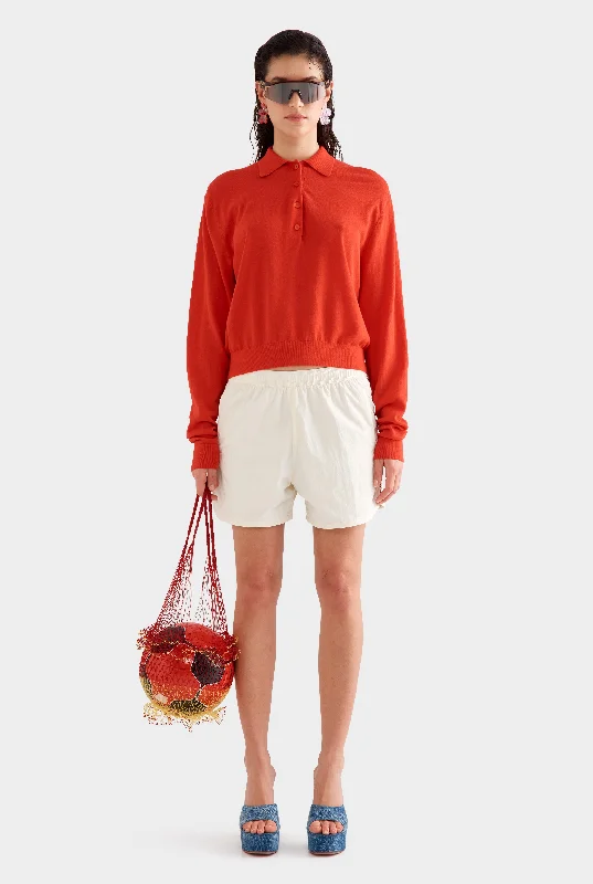 Relaxed Long Sleeve Cotton Knit Polo -  Red