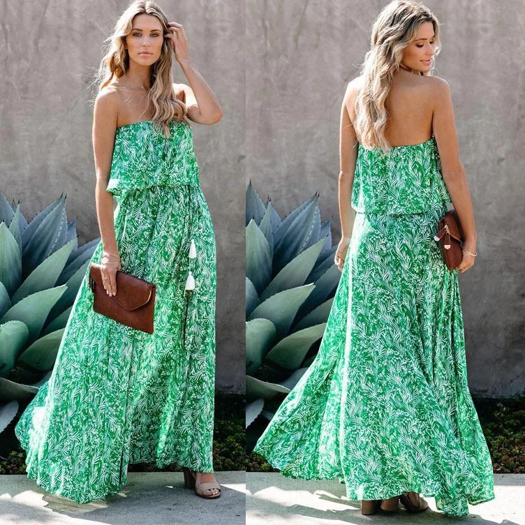 Green Leaf Print Strapless Ruffled Long Dresses