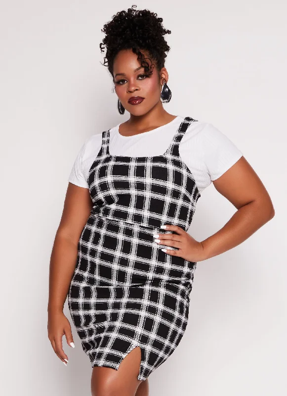 Plus Size Plaid Crepe Knit Dress with Ribbed Tee