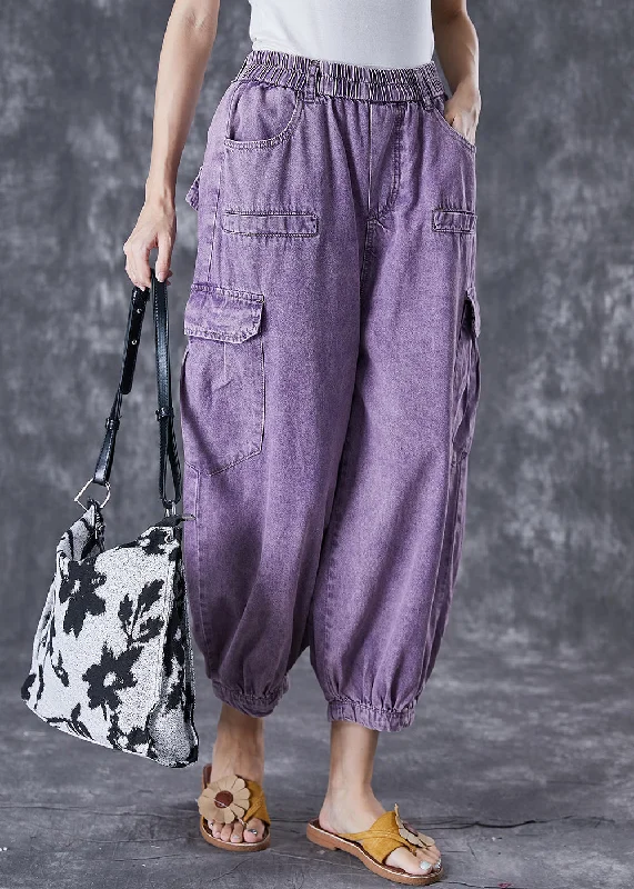 French Purple Oversized Pockets Denim Harem Pants Fall