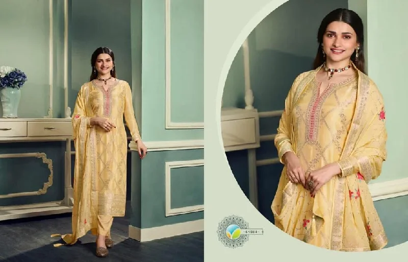 Light Yellow Pure Viscose Jacquard Embroidered Stone work Designer Suit