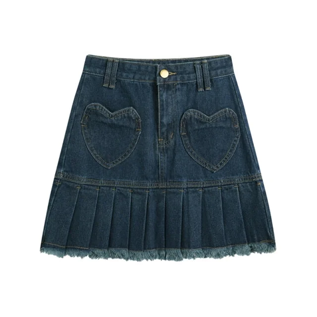 High Waist Y2k Pleated Denim Skirt Women Casual Blue Washed Mini Skirt