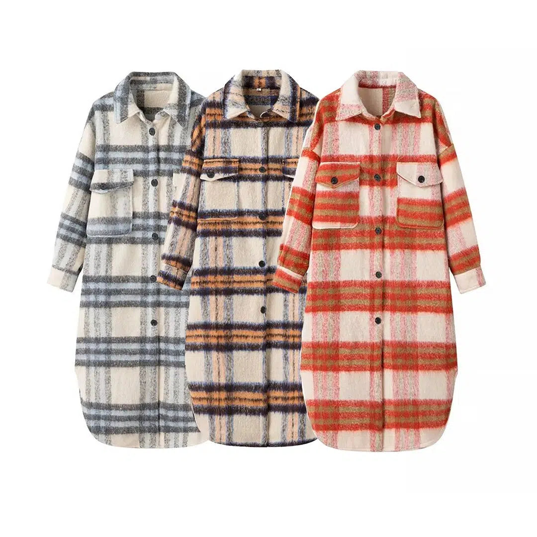 Plaid Long-Sleeve Pockets Shirt Dress