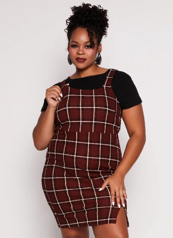 Plus Size Plaid Crepe Knit Dress with Ribbed Tee