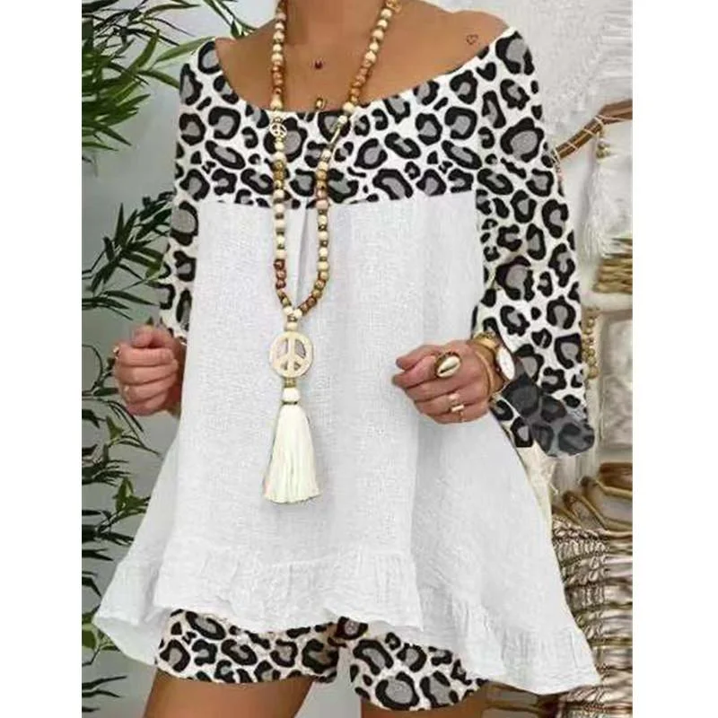 Plus Size Summer Leopard Linen Blouses&Shorts Suits