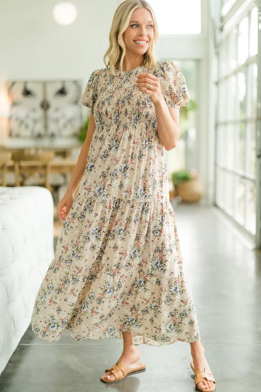 What A Day Beige Brown Ditsy Floral Maxi Dress