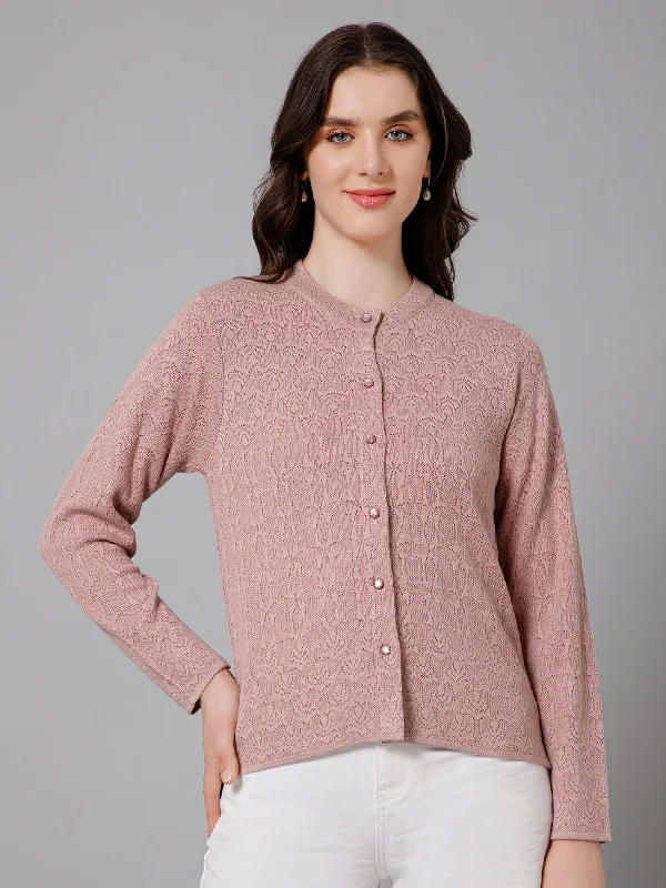 Women's Casual  Dark Pink Round neck Cardigan Sweater