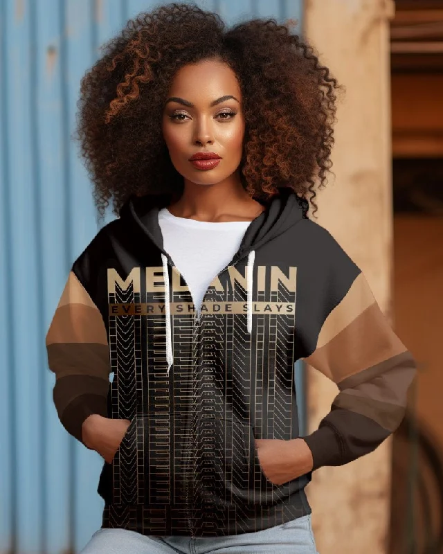 Melanin Contrast Color Letters Zip Hood Long Sleeves Hoodie